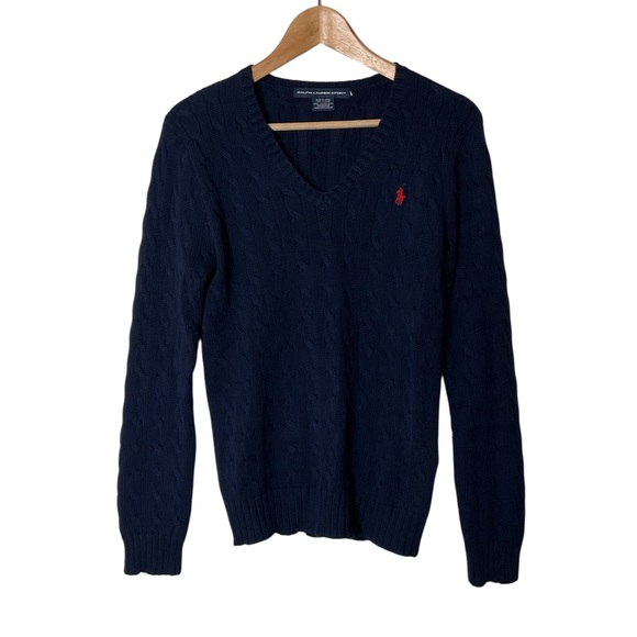 Ralph Lauren Sport Womens 100% Cotton Cable Knit V Neck Pony Sweater Navy L - Picture 1 of 4